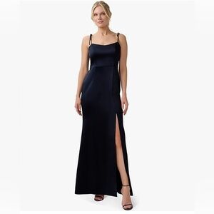 NWT Adrianna Papell Satin Crepe Spaghetti Strap Long Evening Gown Dress Black 20
